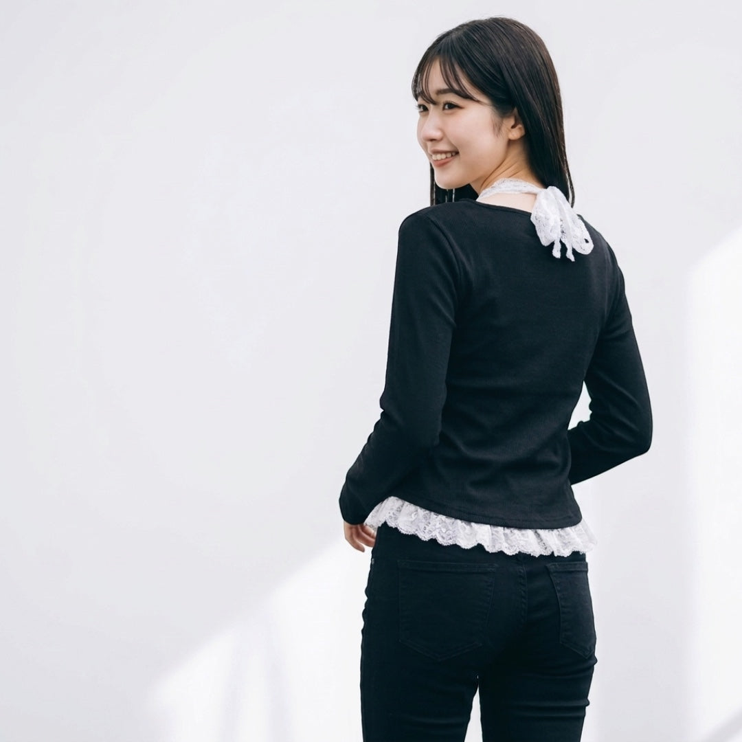WOMEN'S LACE-HEM LONG-SLEEVE PULLOVER