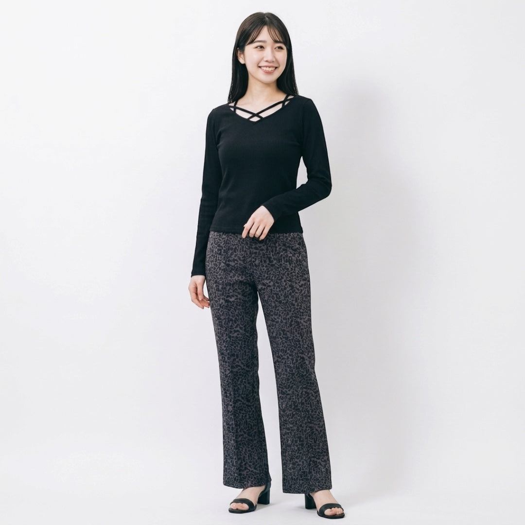 WOMEN'S ANIMAL-PRINT STRETCH FLARED PANTS