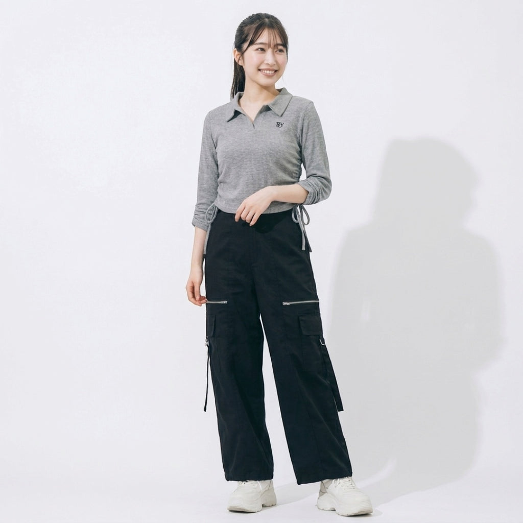 WOMEN'S POLO-STYLE RIBBED TOP WITH SIDE GATHERS
