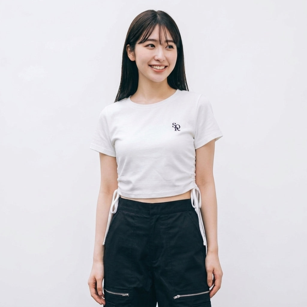 WOMEN'S EMBROIDERED T-SHIRT WITH SIDE GATHERS