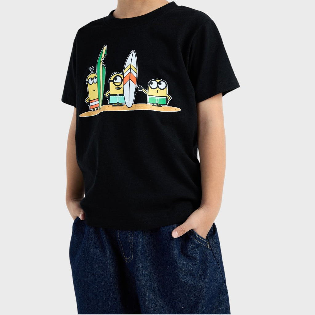 KIDS (SIZE 110-130) MINIONS SURF GRAPHIC T-SHIRT BLACK