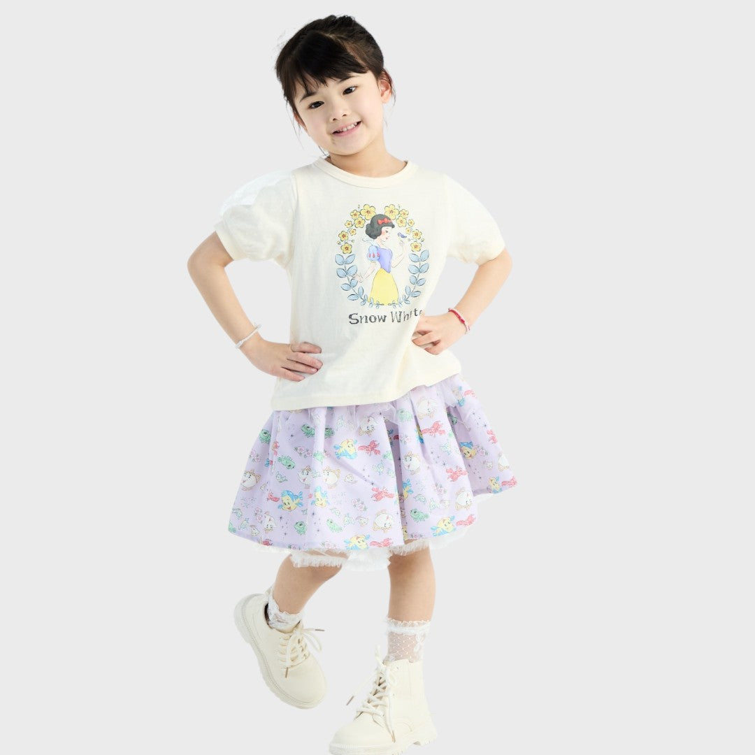 [DISNEY] Cream Puff Sleeve Snow White Floral Graphic T-Shirt Kids (Size 90-100)