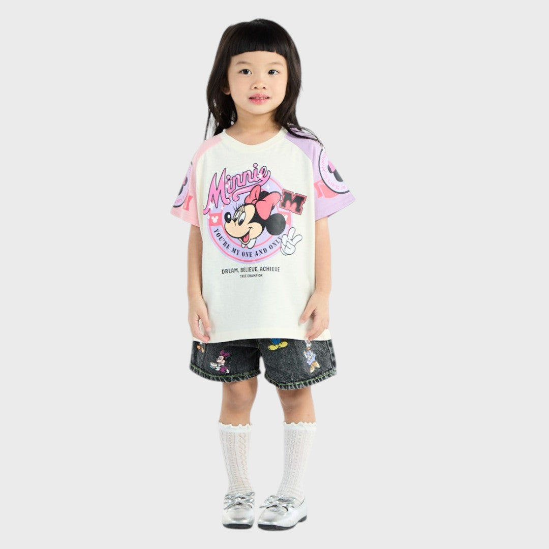 KIDS (SIZE 100-120) DISNEY MINNIE MOUSE COLOR-BLOCK RAGLAN T-SHIRT OFF-WHITE & PINK