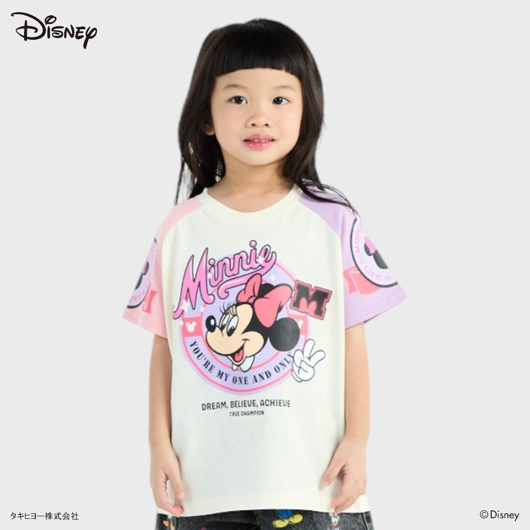 KIDS (SIZE 130-140) DISNEY MINNIE MOUSE COLOR-BLOCK RAGLAN T-SHIRT OFF-WHITE & PINK