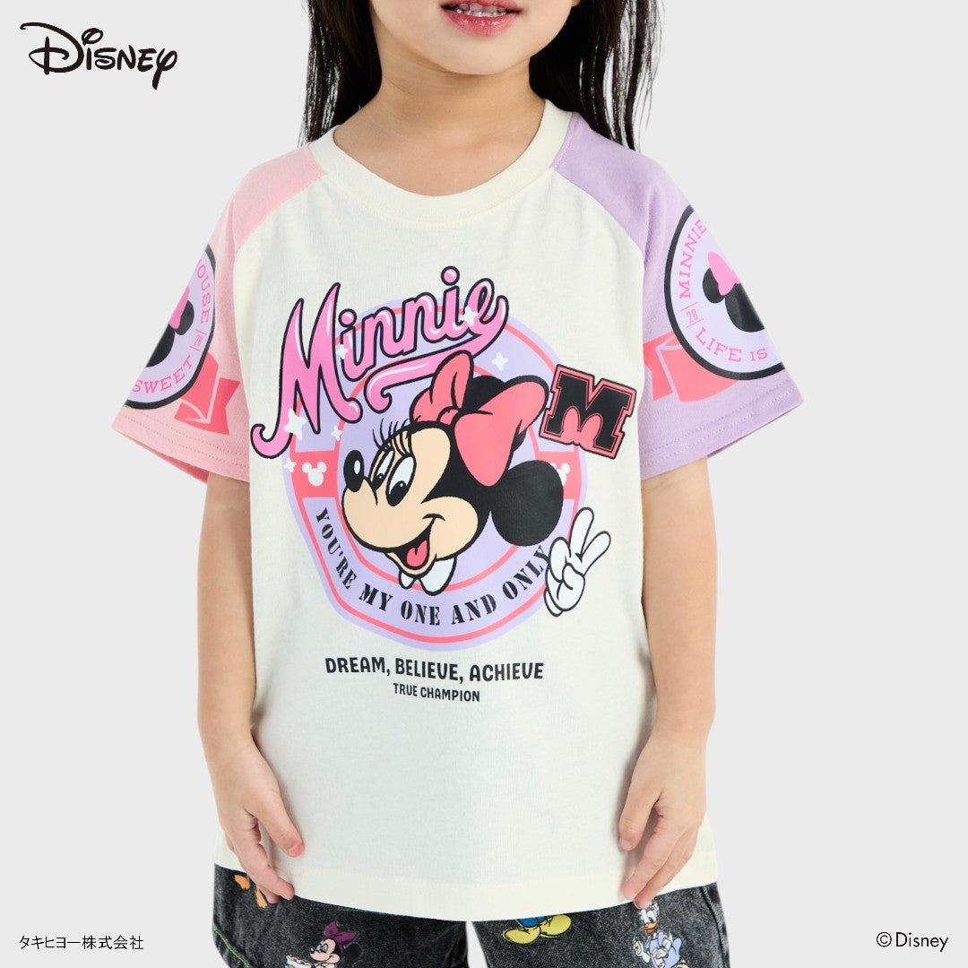 KIDS (SIZE 130-140) DISNEY MINNIE MOUSE COLOR-BLOCK RAGLAN T-SHIRT OFF-WHITE & PINK