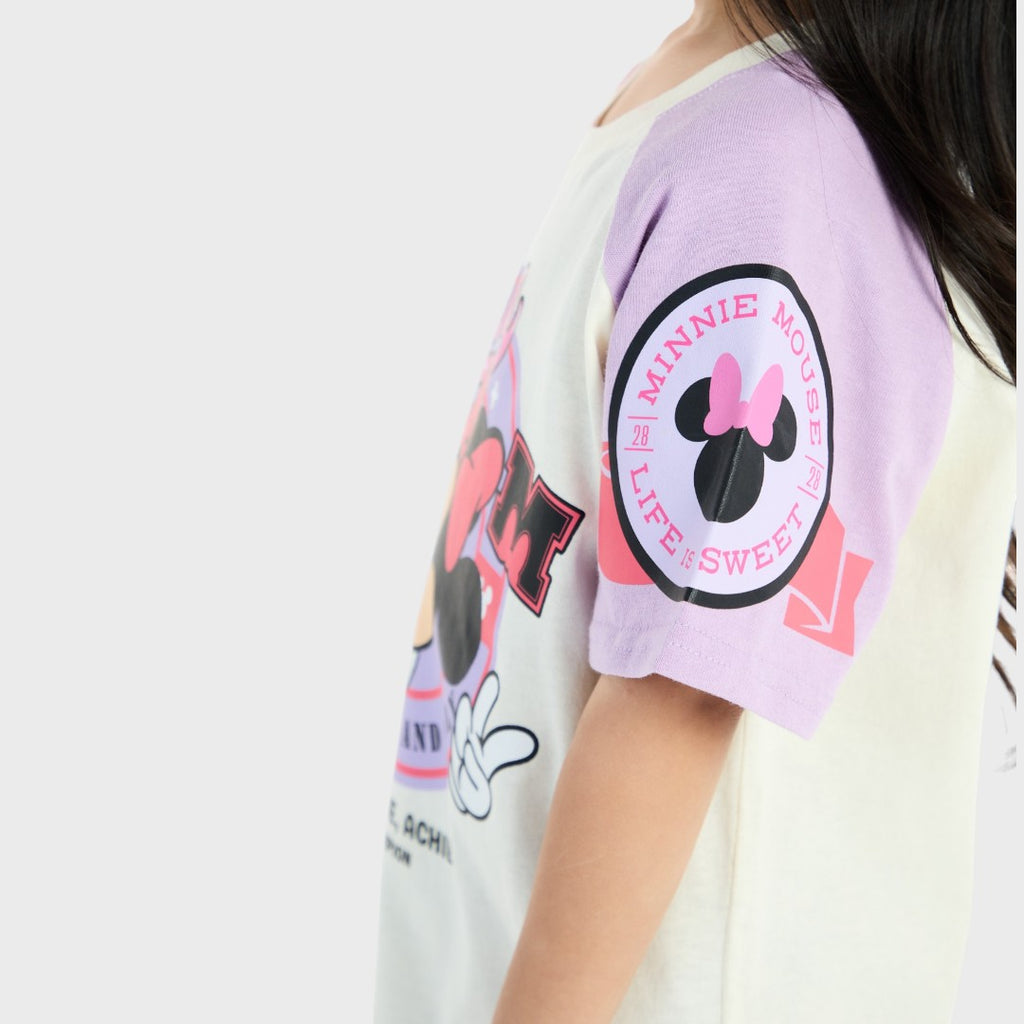 KIDS (SIZE 130-140) DISNEY MINNIE MOUSE COLOR-BLOCK RAGLAN T-SHIRT OFF-WHITE & PINK