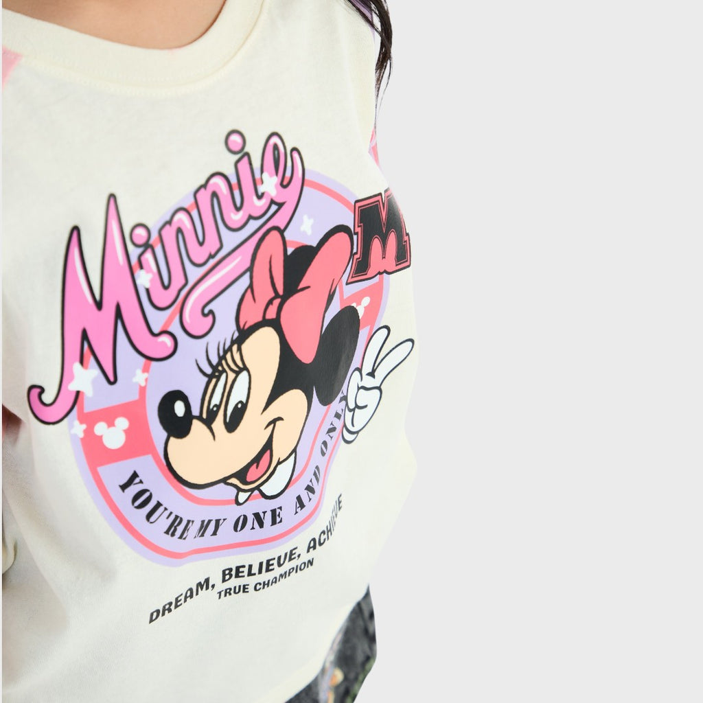 KIDS (SIZE 130-140) DISNEY MINNIE MOUSE COLOR-BLOCK RAGLAN T-SHIRT OFF-WHITE & PINK
