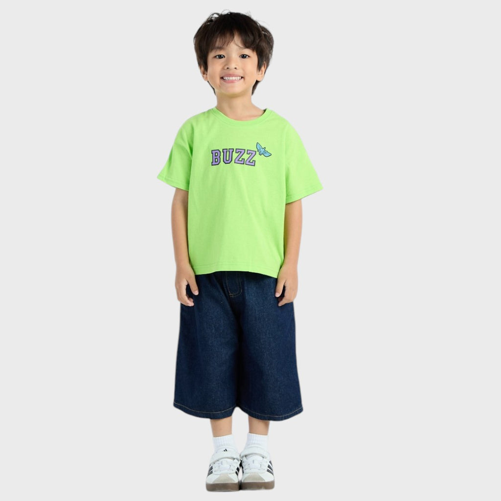 Kids (Size 130-150) เสื้อยืดเด็กสีเขียว BUZZ สุดซน ลายปักแขนสุดคิ้วท์ ใส่สบายพลังล้น
