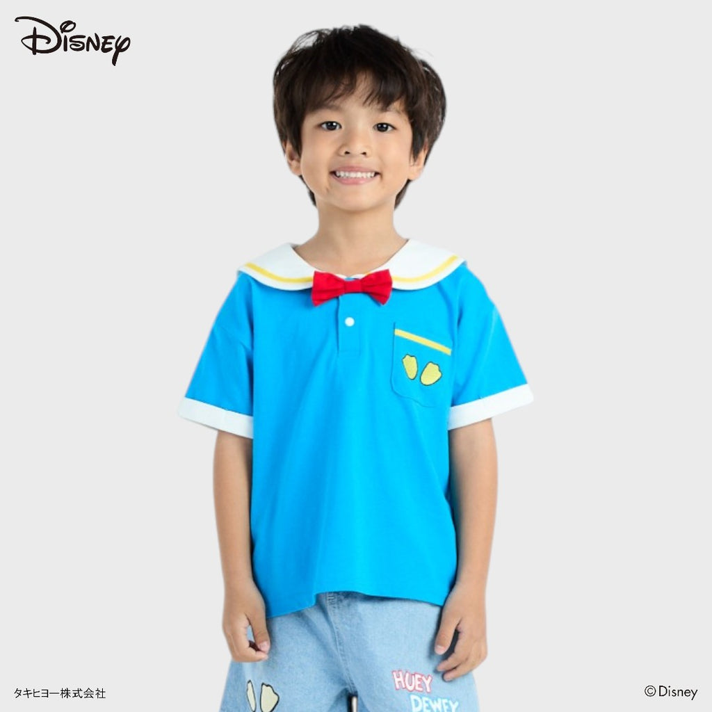 Kids (Size 110-130) เสื้อยืดเด็ก Disney โดนัลด์ดั๊ก สีฟ้าคอปกกะลาสี โบว์แดงพร้อมผจญภัย