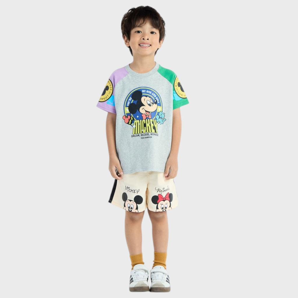 KIDS (SIZE 100-120) DISNEY MICKEY MOUSE COLOR-BLOCK RAGLAN T-SHIRT GREY