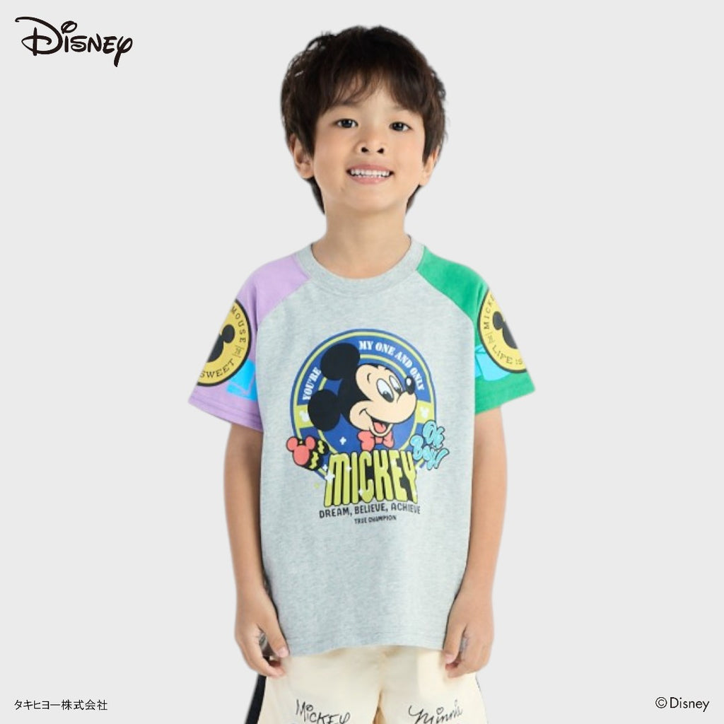 KIDS (SIZE 130-140) DISNEY MICKEY MOUSE COLOR-BLOCK RAGLAN T-SHIRT GREY