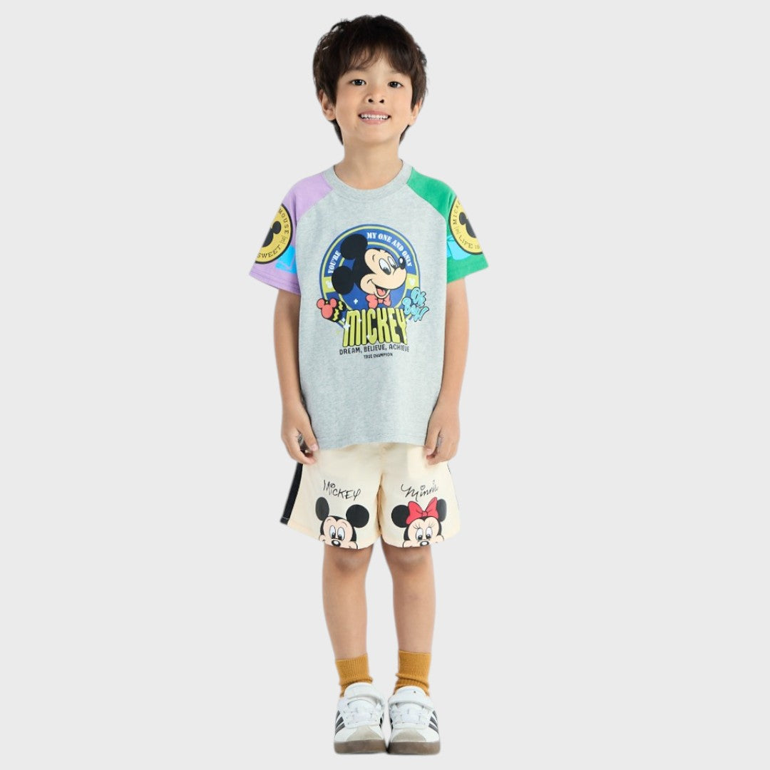 KIDS (SIZE 130-140) DISNEY MICKEY MOUSE COLOR-BLOCK RAGLAN T-SHIRT GREY