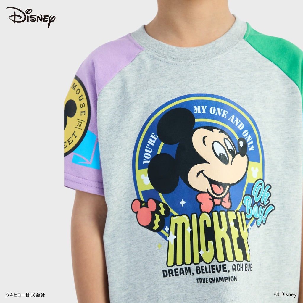 KIDS (SIZE 100-120) DISNEY MICKEY MOUSE COLOR-BLOCK RAGLAN T-SHIRT GREY