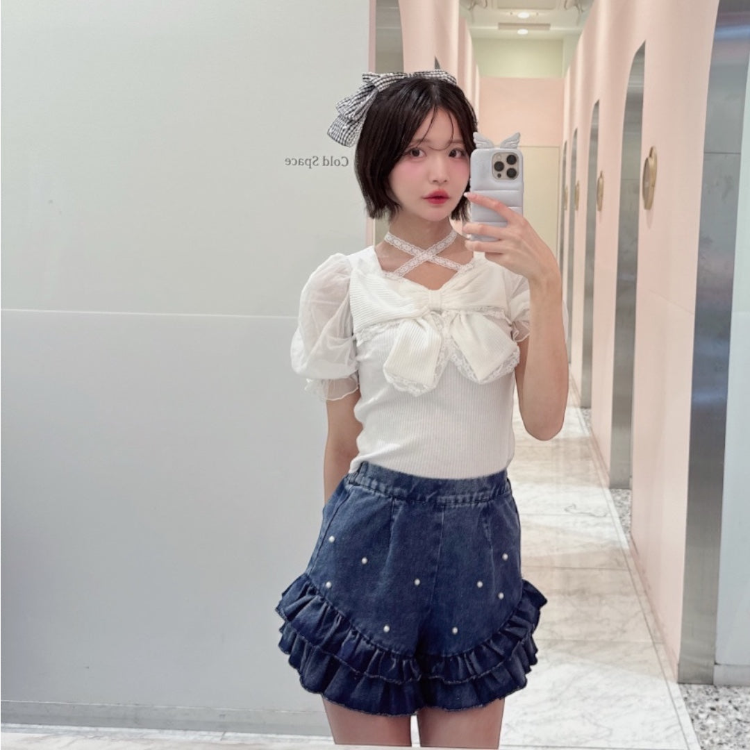 Majoretty x Airi - กางเกงยีนส์ขาสั้น แต่งระบายมุก ลุคหวานสดใส