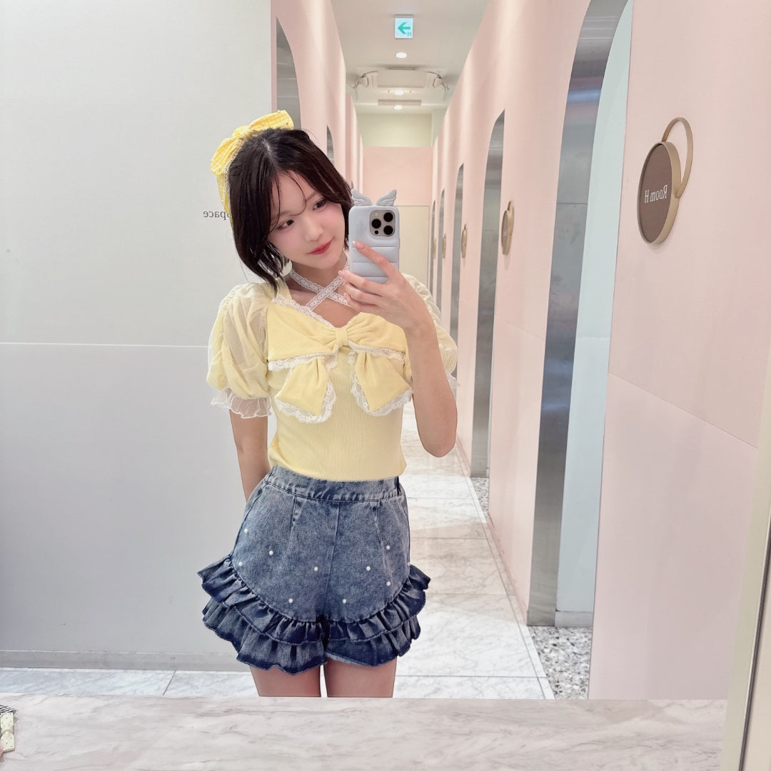 Majoretty x Airi - กางเกงยีนส์ขาสั้น แต่งระบายมุก ลุคหวานสดใส