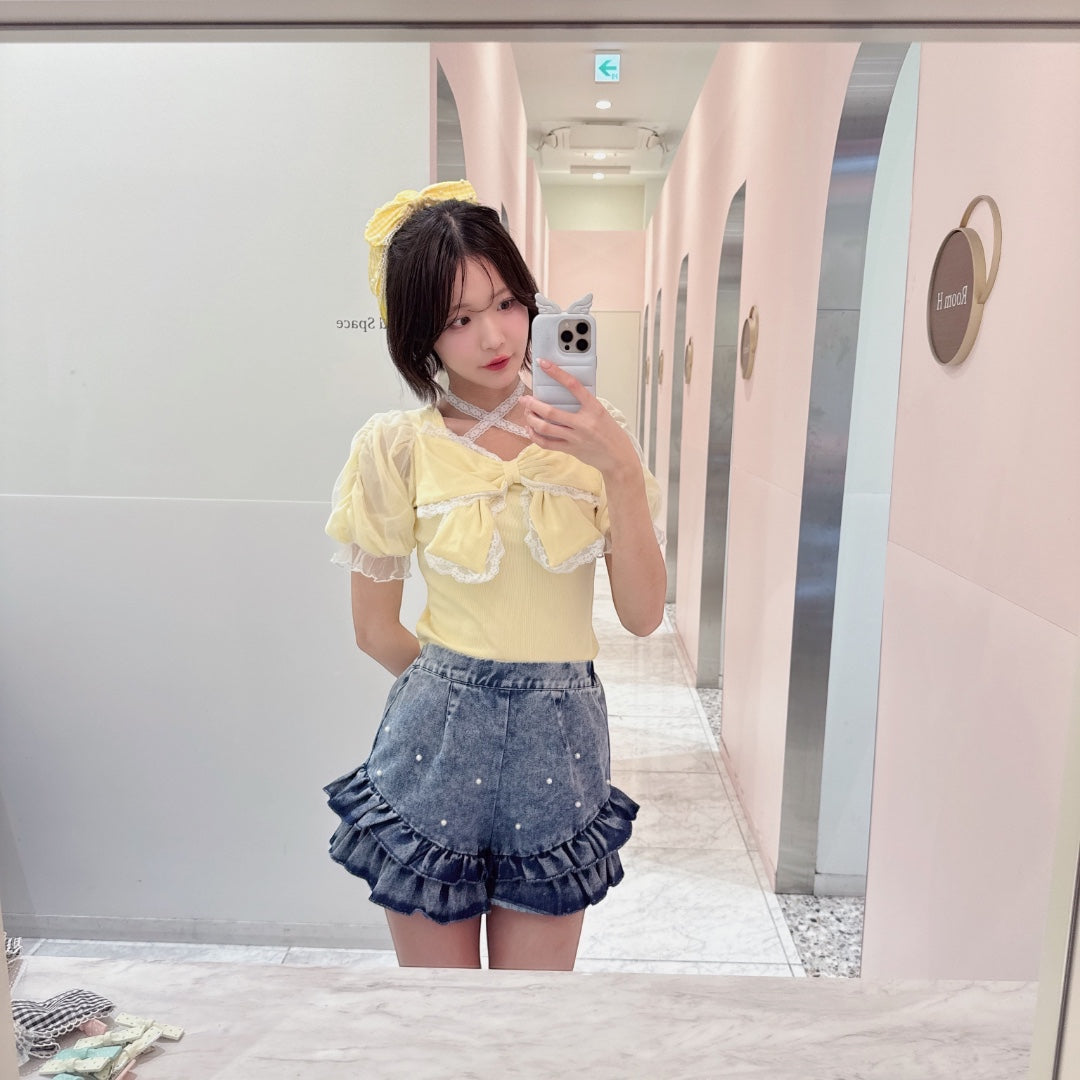Majoretty x Airi - กางเกงยีนส์ขาสั้น แต่งระบายมุก ลุคหวานสดใส