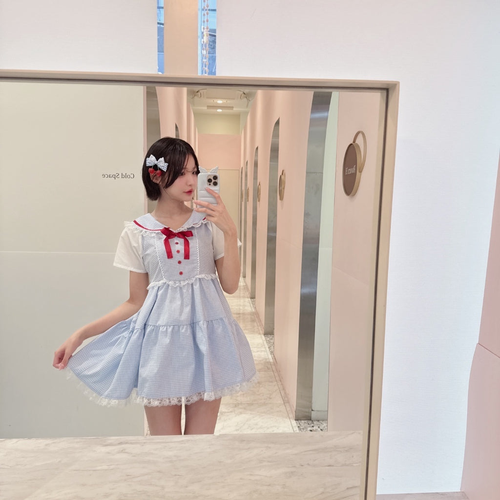 Majoretty x Airi - เดรสลายสก็อตสีฟ้าปกกะลาสี แต่งลูกไม้ลุคหวานละมุน