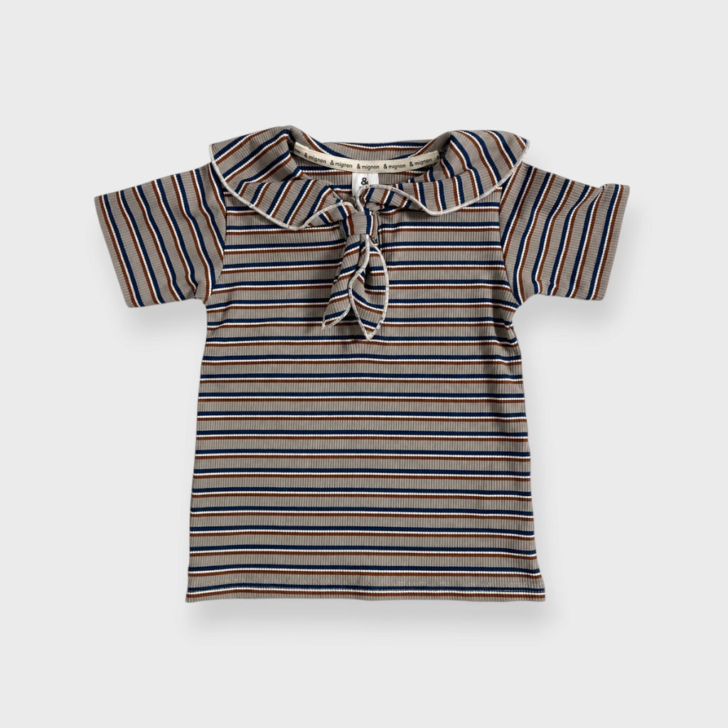 KIDS  STRIPED RIBBED TIE-DETAIL SHORT-SLEEVE TOP (100-120CM)