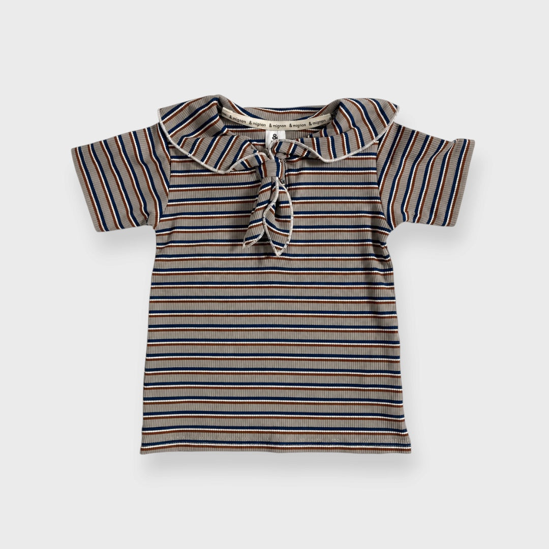 KIDS  STRIPED RIBBED TIE-DETAIL SHORT-SLEEVE TOP (100-120CM)