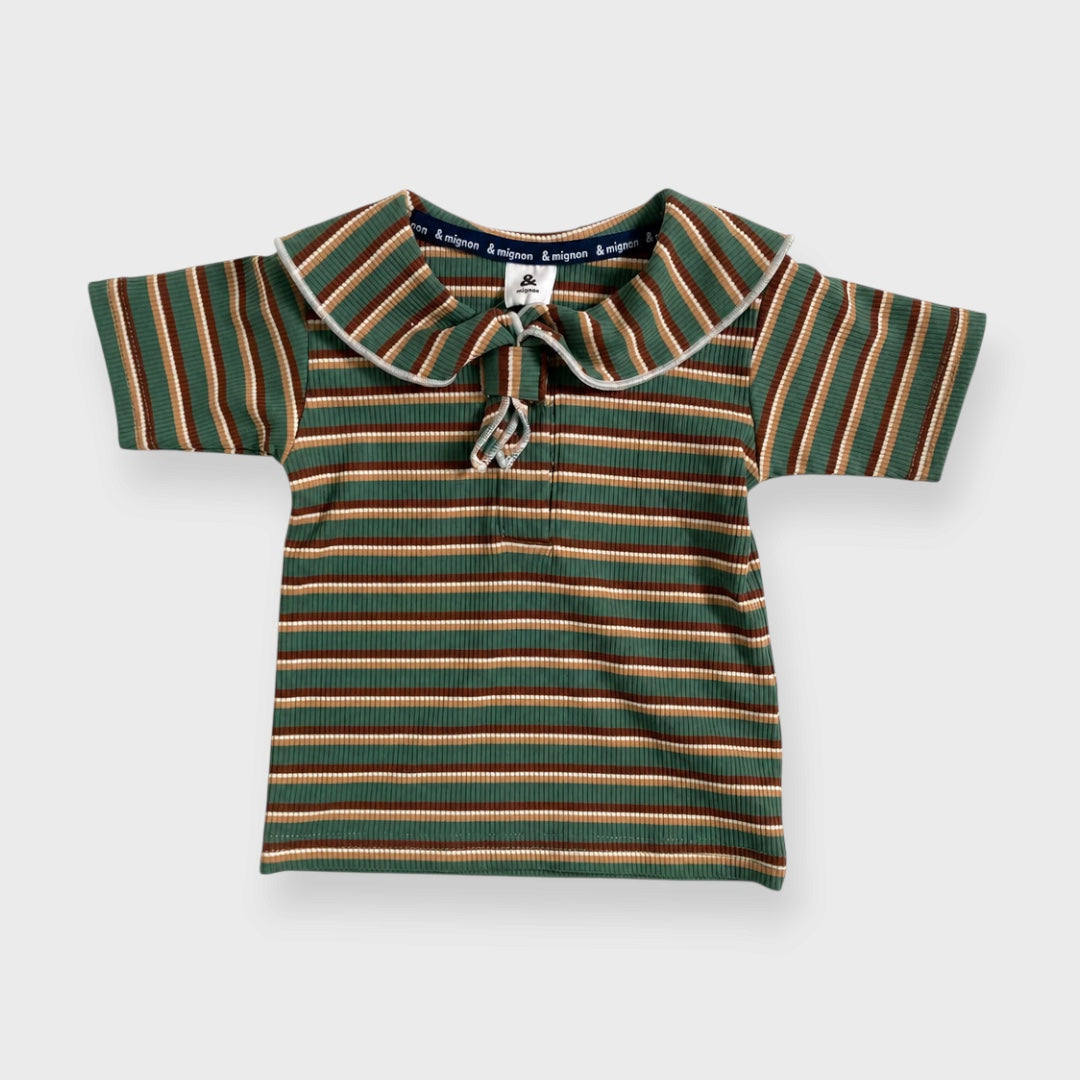 KIDS  STRIPED RIBBED TIE-DETAIL SHORT-SLEEVE TOP (100-120CM)