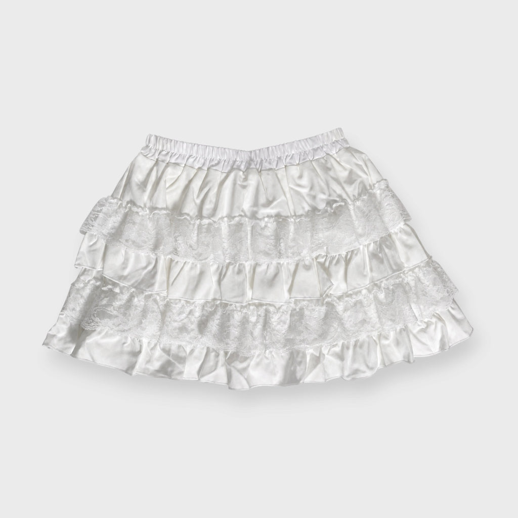 WOMEN’S LACE TRIM TIERED RUFFLE MINI SKIRT