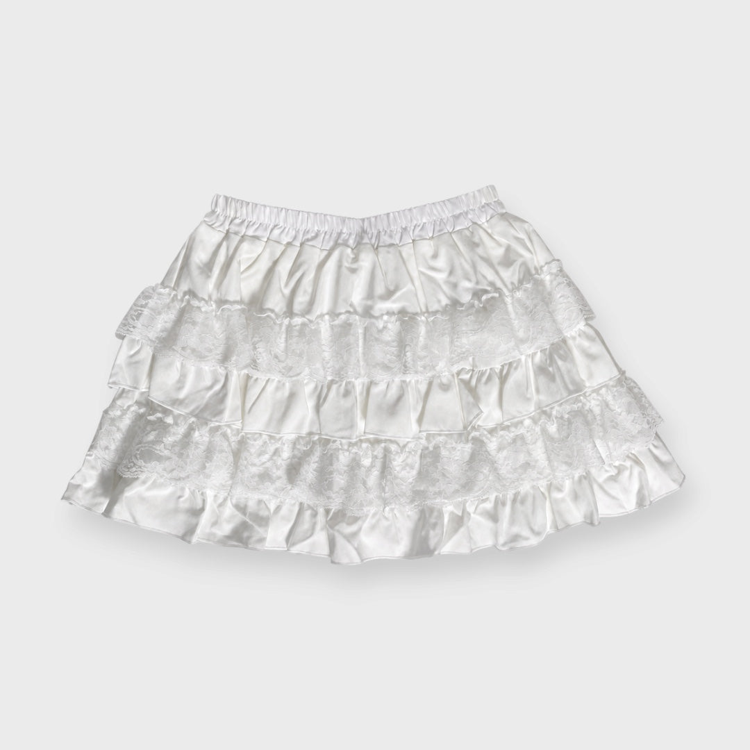 WOMEN’S LACE TRIM TIERED RUFFLE MINI SKIRT