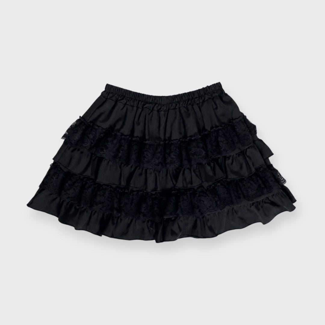 WOMEN’S LACE TRIM TIERED RUFFLE MINI SKIRT