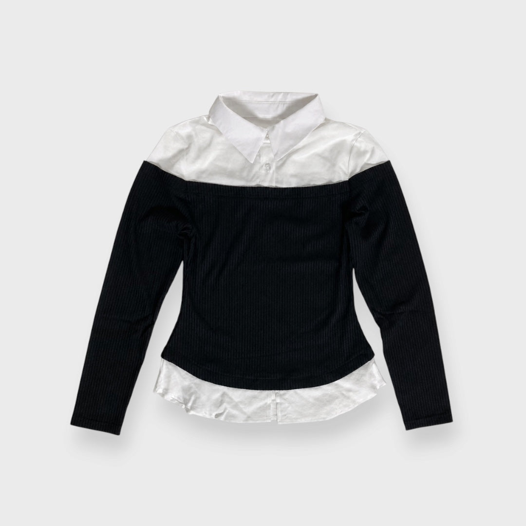 WOMEN’S FAUX LAYERED RIBBED LONG SLEEVE TOP