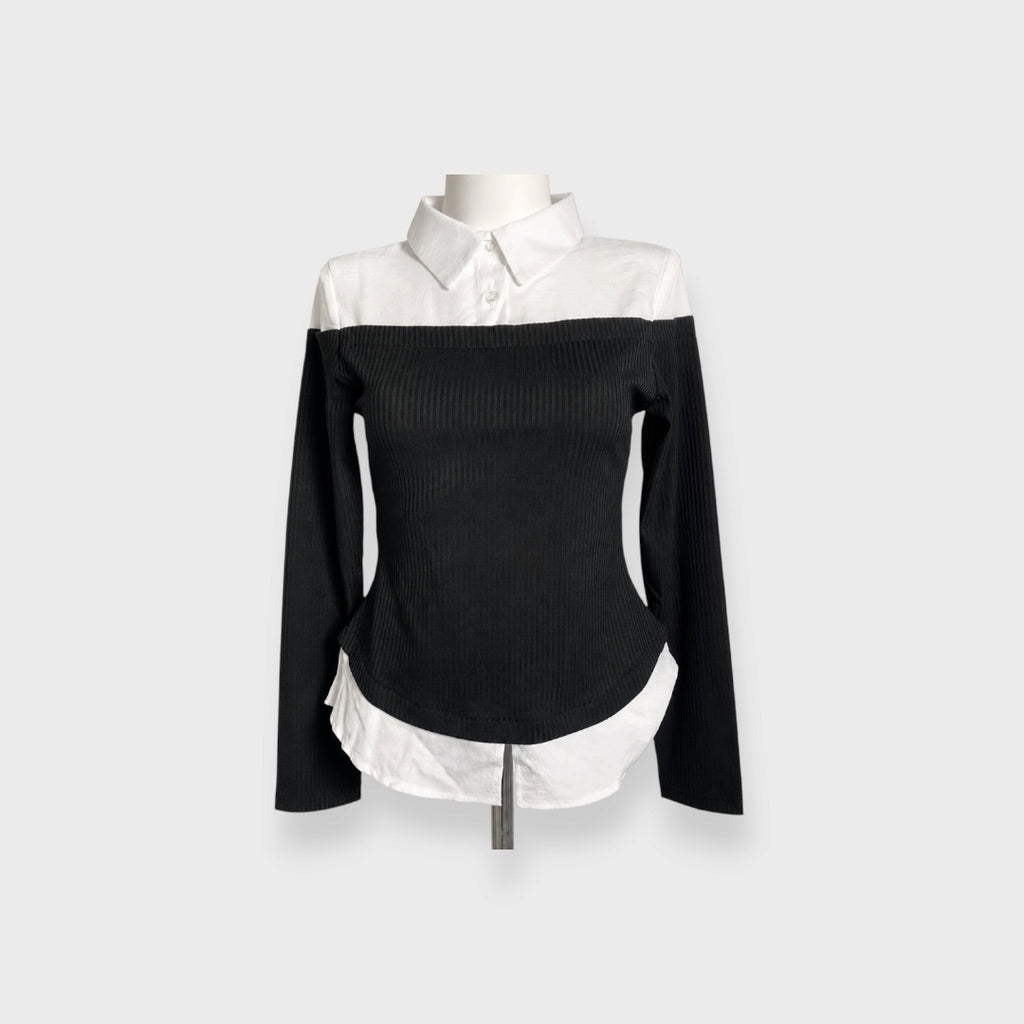 WOMEN’S FAUX LAYERED RIBBED LONG SLEEVE TOP