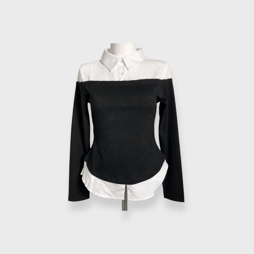 WOMEN’S FAUX LAYERED RIBBED LONG SLEEVE TOP
