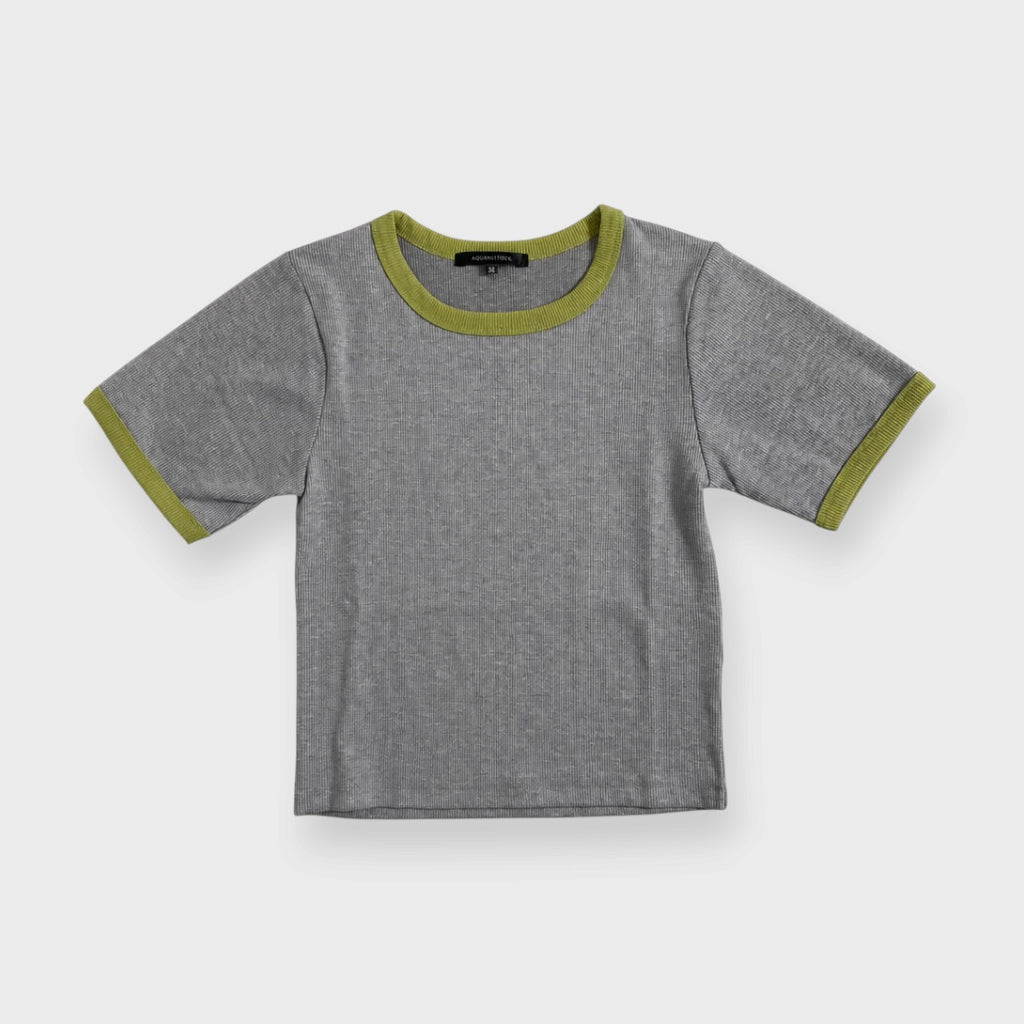 WOMEN’S CONTRAST TRIM RIBBED SHORT SLEEVE T-SHIRT GRAY GREEN