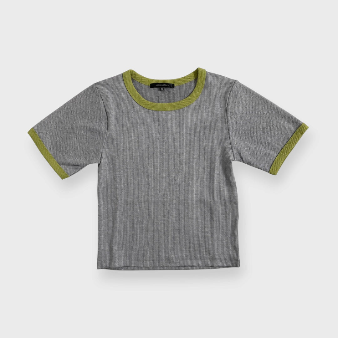 WOMEN’S CONTRAST TRIM RIBBED SHORT SLEEVE T-SHIRT GRAY GREEN