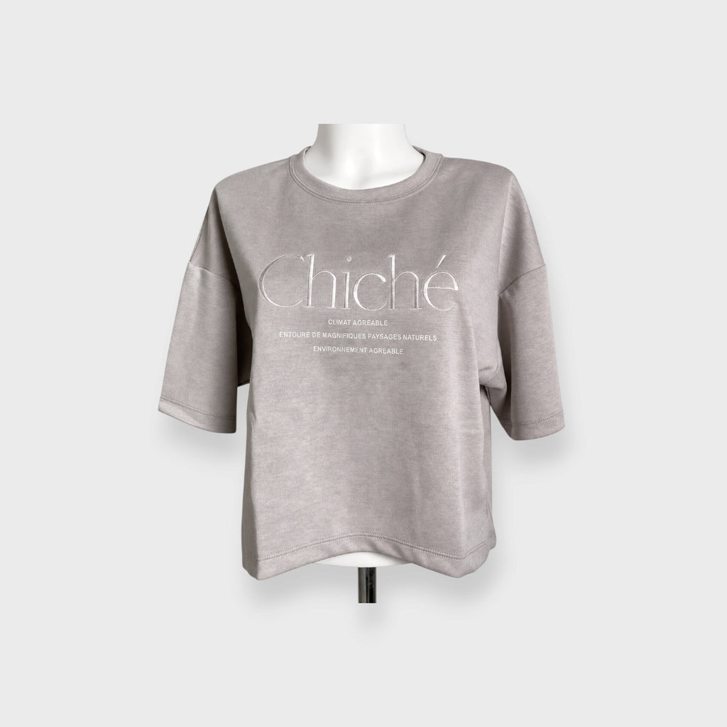 WOMEN’S CHICHÉ EMBROIDERED LOGO OVERSIZED SHORT SLEEVE T-SHIRT GRAY