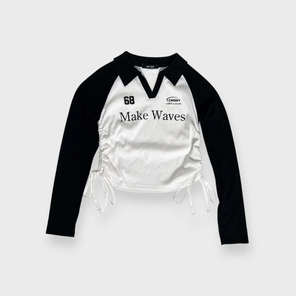 WOMEN’S MAKE WAVES CONTRAST RAGLAN LONG SLEEVE POLO TOP WITH SIDE RUCHING