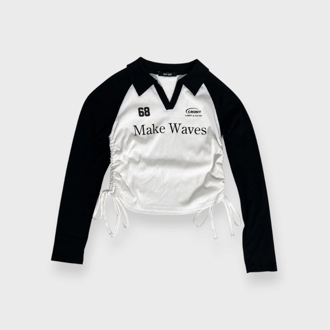WOMEN’S MAKE WAVES CONTRAST RAGLAN LONG SLEEVE POLO TOP WITH SIDE RUCHING
