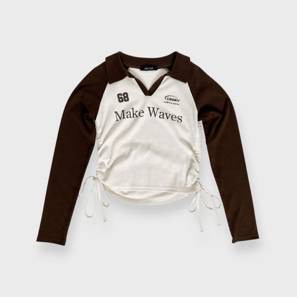 WOMEN’S MAKE WAVES CONTRAST RAGLAN LONG SLEEVE POLO TOP WITH SIDE RUCHING