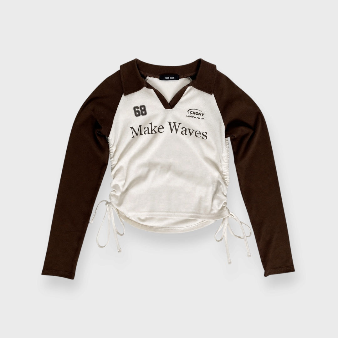 WOMEN’S MAKE WAVES CONTRAST RAGLAN LONG SLEEVE POLO TOP WITH SIDE RUCHING