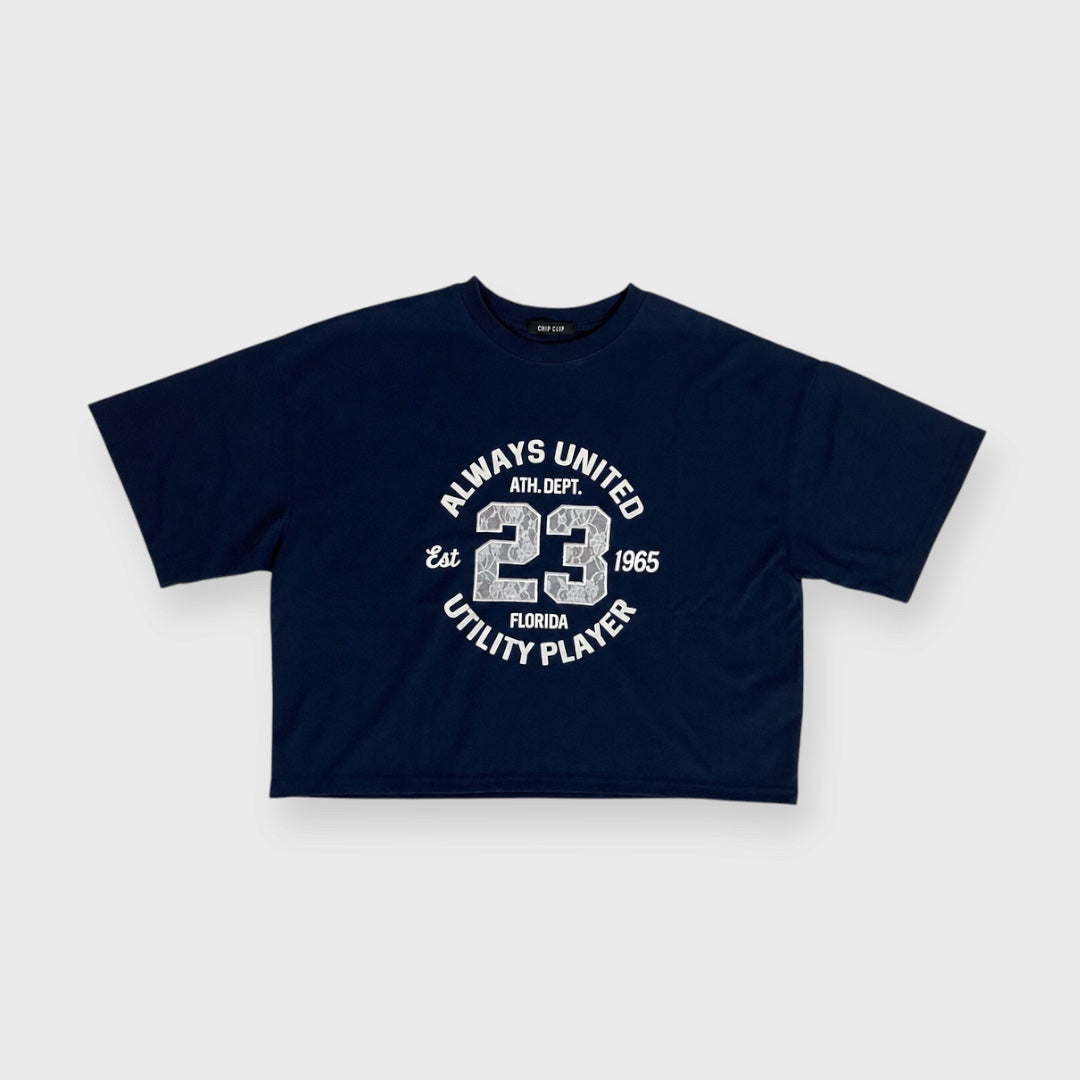 WOMEN’S ALWAYS UNITED 23 LACE APPLIQUÉ COLLEGE GRAPHIC CROPPED T-SHIRT