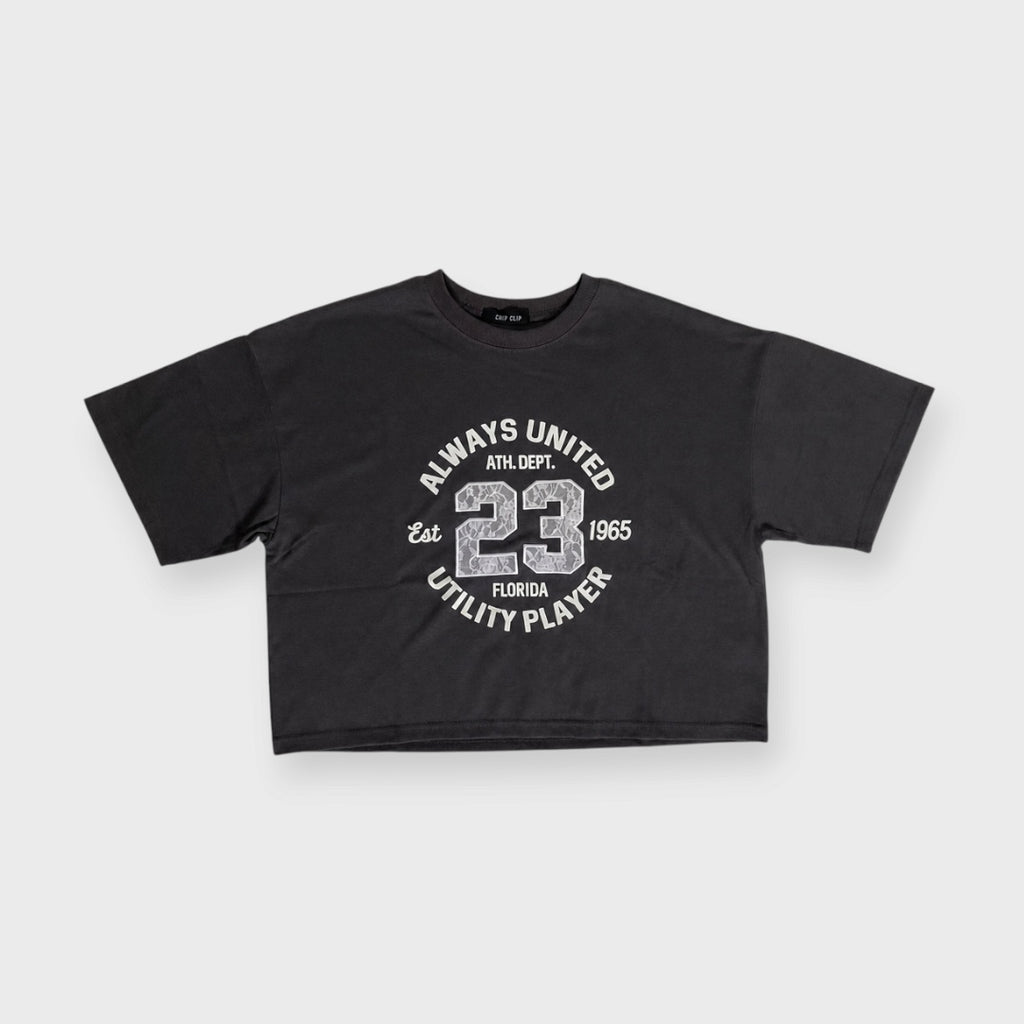 WOMEN’S ALWAYS UNITED 23 LACE APPLIQUÉ COLLEGE GRAPHIC CROPPED T-SHIRT