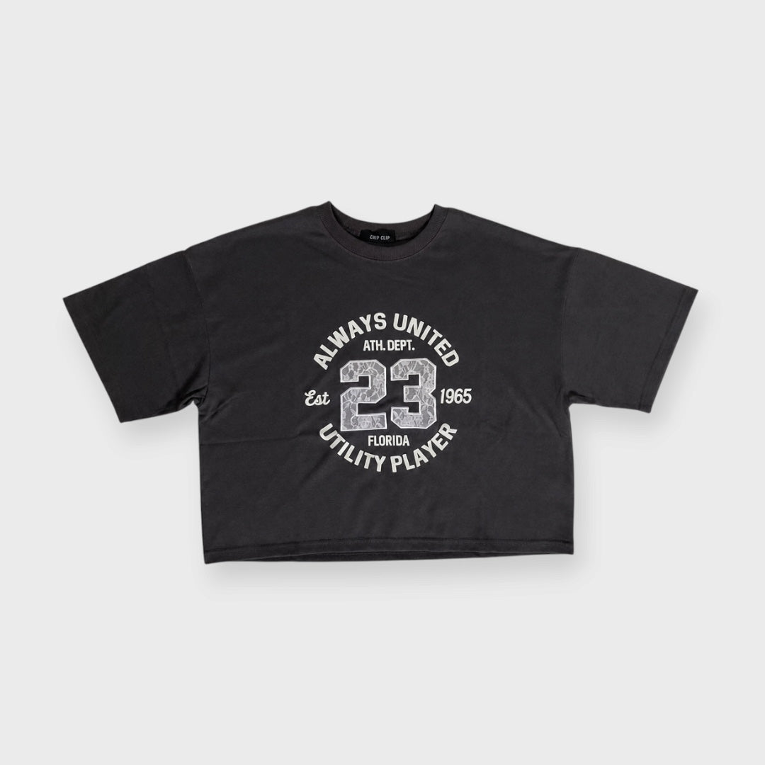 WOMEN’S ALWAYS UNITED 23 LACE APPLIQUÉ COLLEGE GRAPHIC CROPPED T-SHIRT