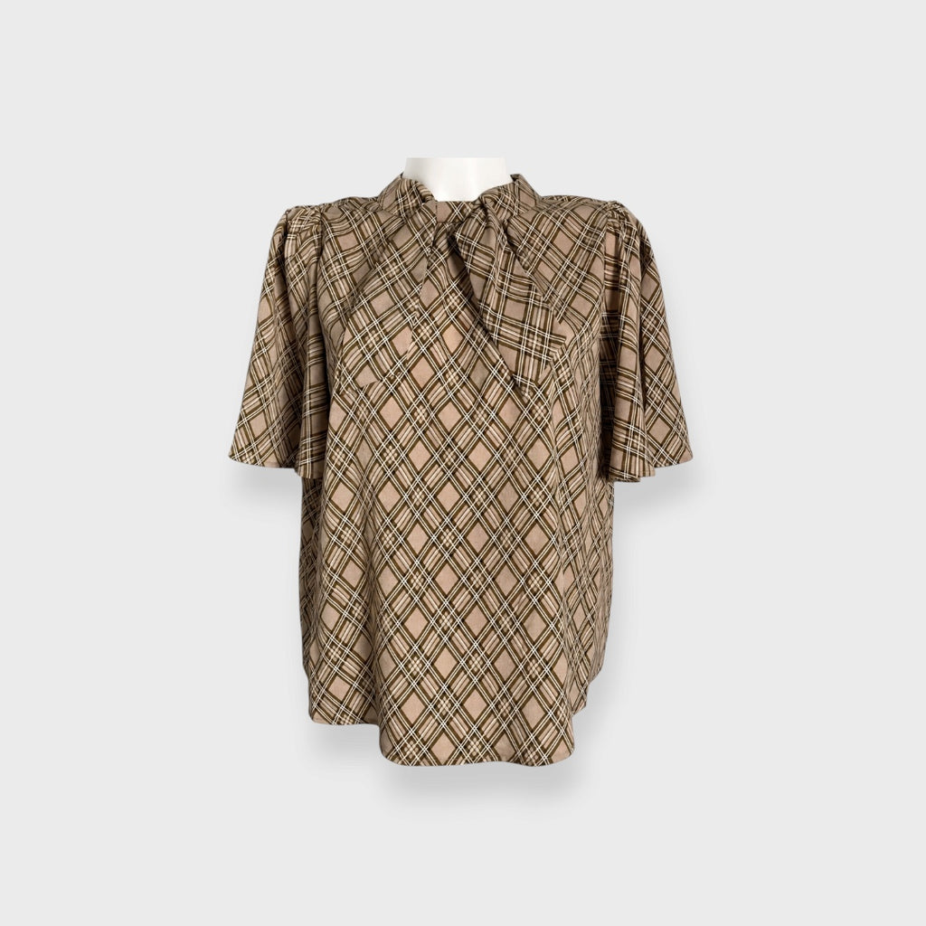 WOMEN'S CHECKED BOW-TIE BLOUSE WITH FLARED SLEEVES
