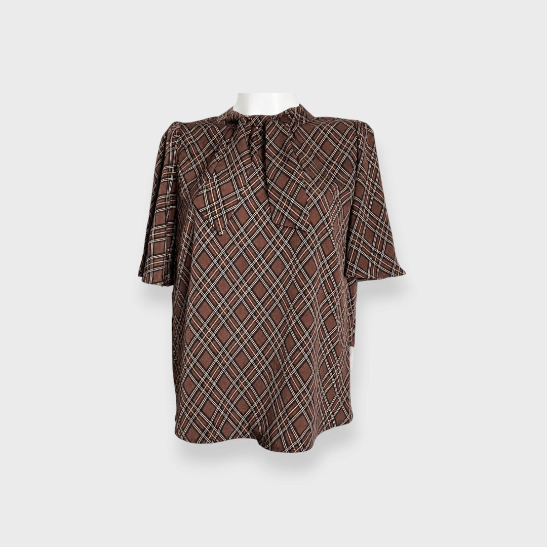 WOMEN'S CHECKED BOW-TIE BLOUSE WITH FLARED SLEEVES