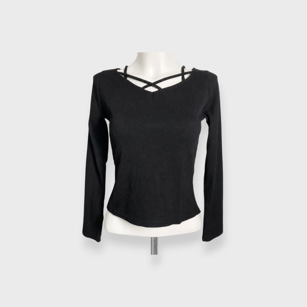 WOMEN'S CROSS-NECK RIBBED TOP