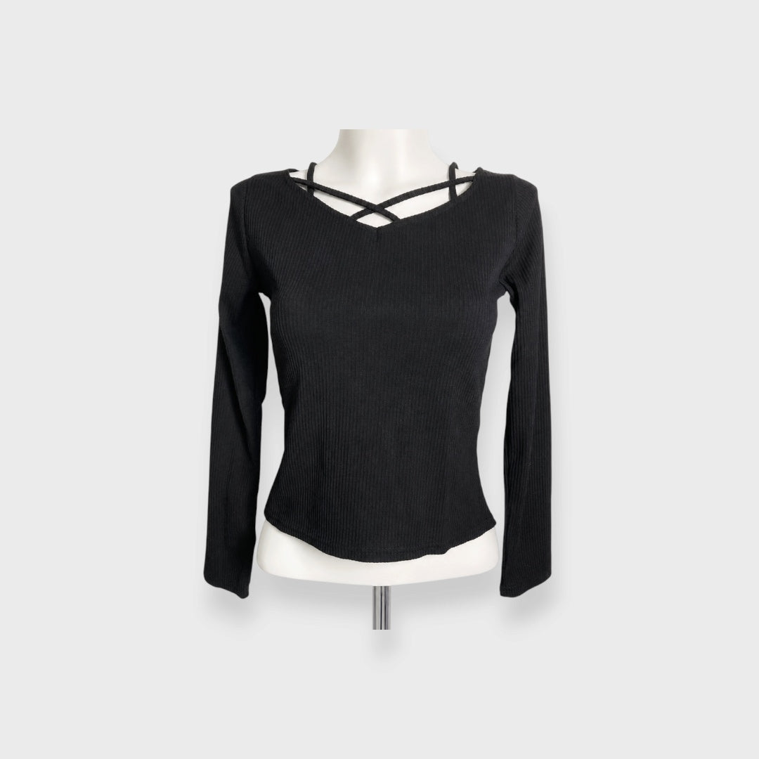 WOMEN'S CROSS-NECK RIBBED TOP