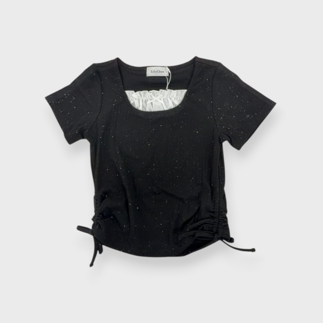 KIDS RIB-KNIT GLITTER T-SHIRT MEDIUM BLACK (150-160CM)