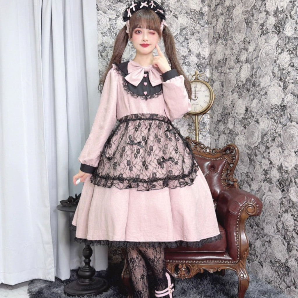 LACE RIBBON FRILL LONG SLEEVE DRESS MEDIUM PEACH / MEDIUM PURPLE