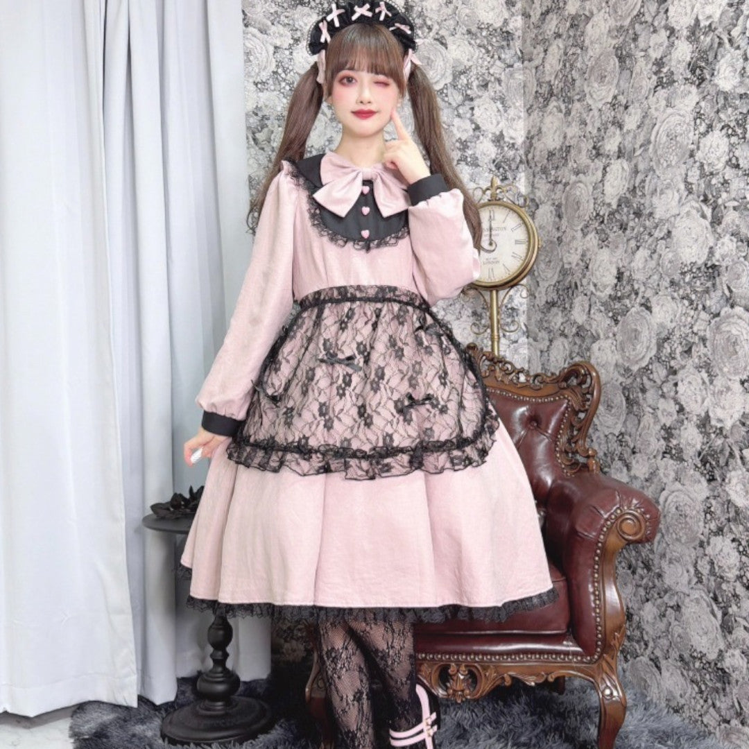 LACE RIBBON FRILL LONG SLEEVE DRESS MEDIUM PEACH / MEDIUM PURPLE