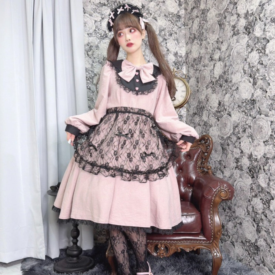 LACE RIBBON FRILL LONG SLEEVE DRESS MEDIUM PEACH / MEDIUM PURPLE