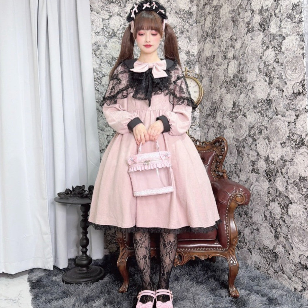 LACE RIBBON FRILL LONG SLEEVE DRESS MEDIUM PEACH / MEDIUM PURPLE