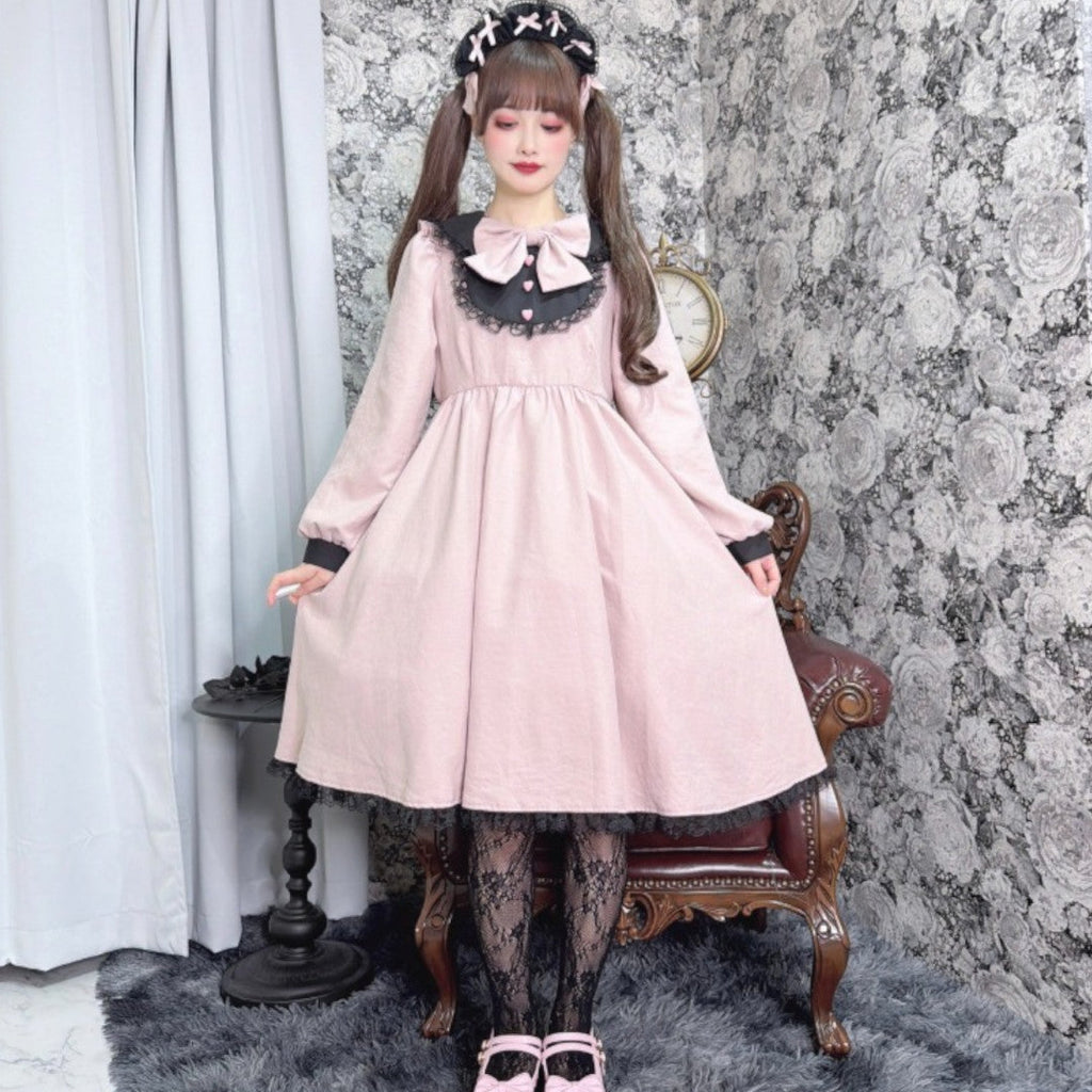 LACE RIBBON FRILL LONG SLEEVE DRESS MEDIUM PEACH / MEDIUM PURPLE